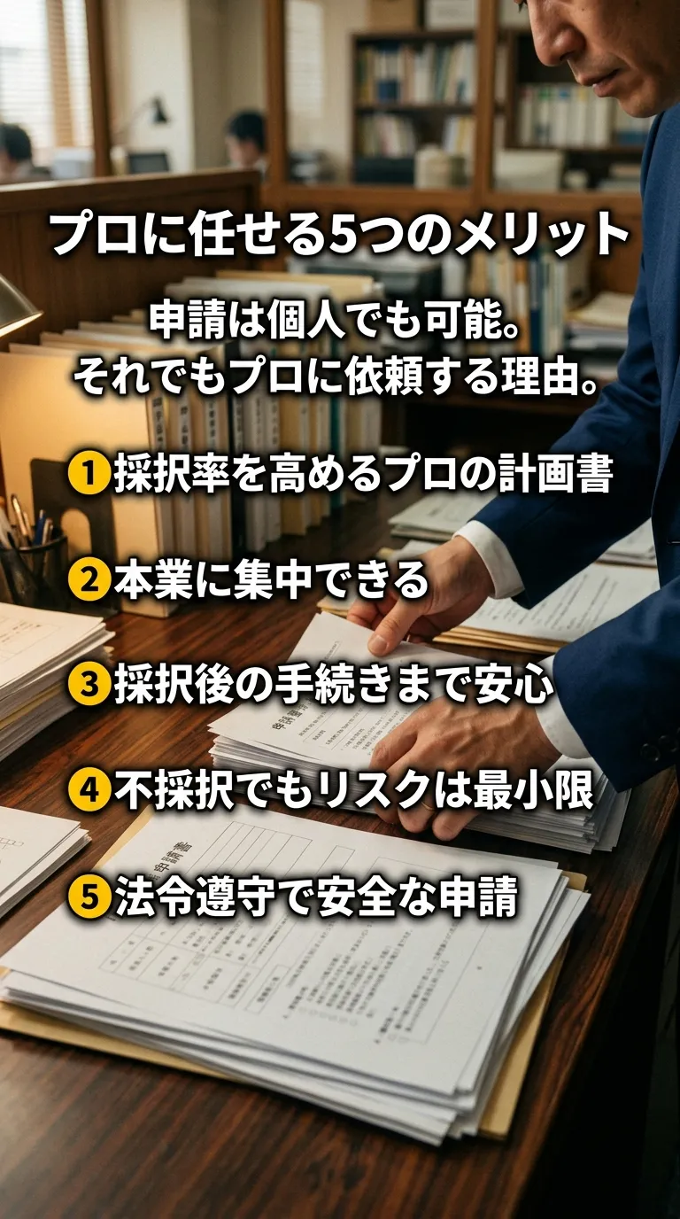 プロに任せる5つのメリット: 1.採択率を高めるプロの計画書 2.本業に集中できる 3.採択後の手続きまで安心 4.不採択でもリスクは最小限 5.法令遵守で安全な申請