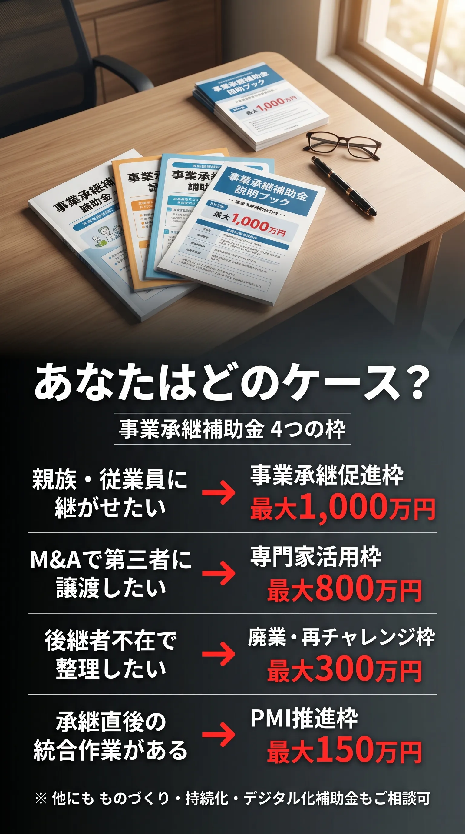 あなたはどのケース？事業承継補助金4つの枠。親族・従業員に継がせたい=事業承継促進枠 最大1,000万円、M&Aで譲渡したい=専門家活用枠 最大800万円、後継者不在で整理したい=廃業・再チャレンジ枠 最大300万円、承継直後の統合作業=PMI推進枠 最大150万円